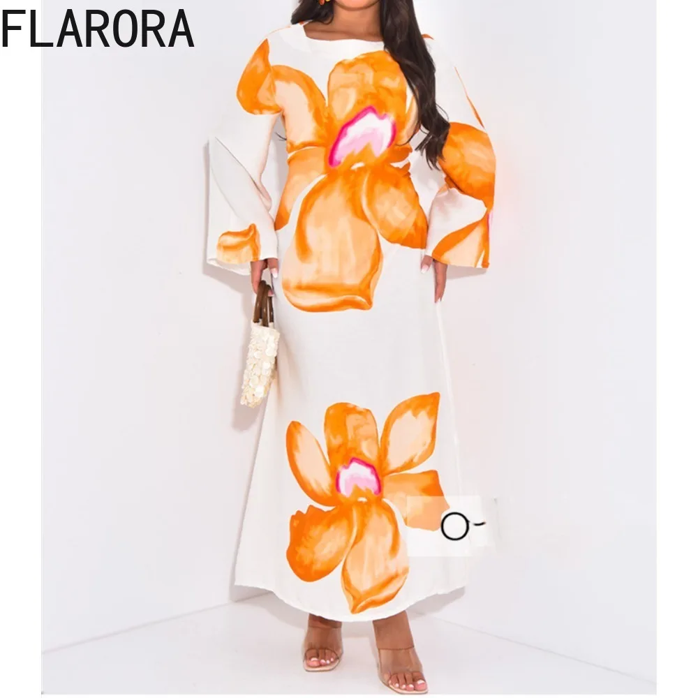

FLARORA Elegant Flower Printing Dress Woman Round Neck Flared Long Sleeved Bandage Girdling Dresses Fairy Party Vestido 2025 New