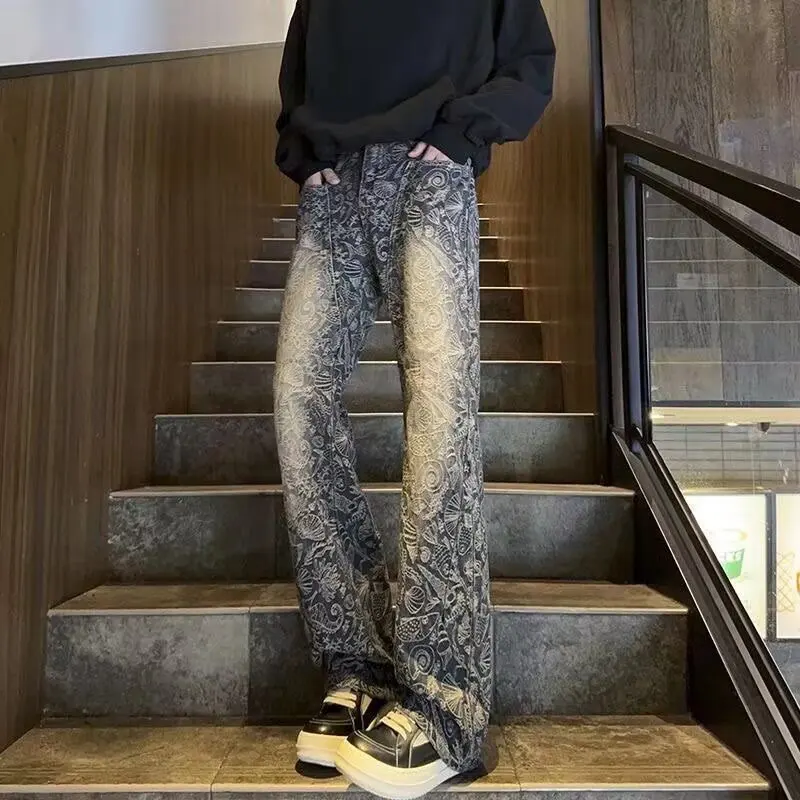 

Mid Waist Spring Autumn Vintage Blue Jacquard Micro Bell Bottom Jeans 2025 Men Stretch Washed Narrow Edition Straight Leg Pants