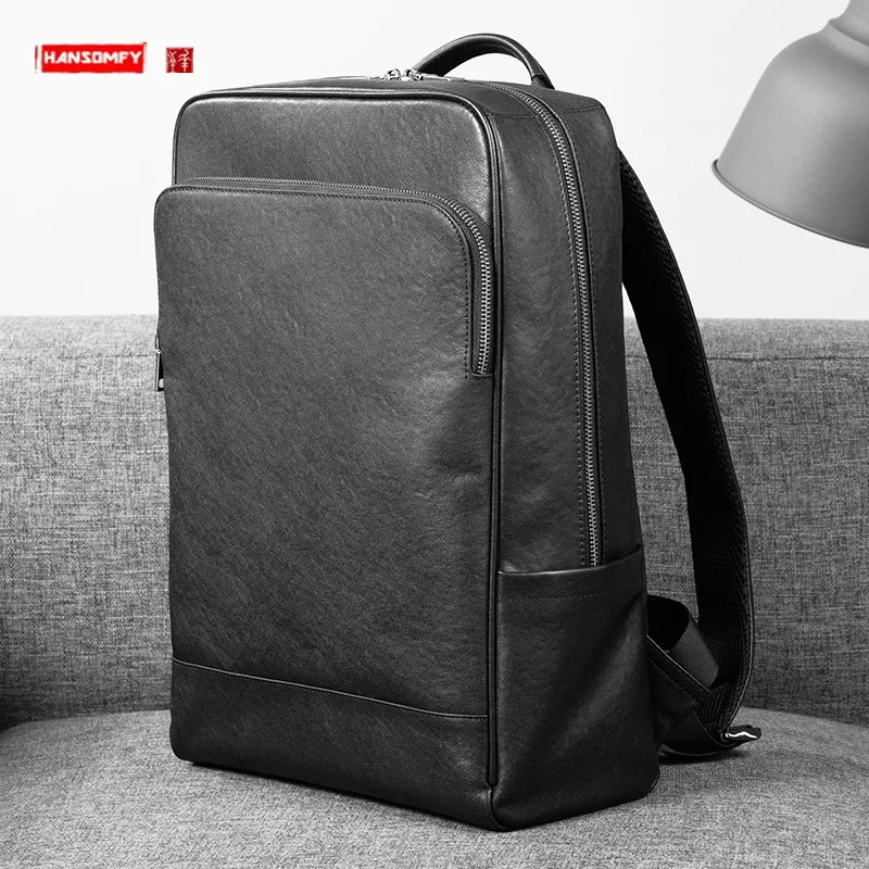 

Fashion Brand Genuine Leather Men's Backpack Large Capacity Computer Backpack Soft Black Leather Laptop Schoolbag Shoulder Bags