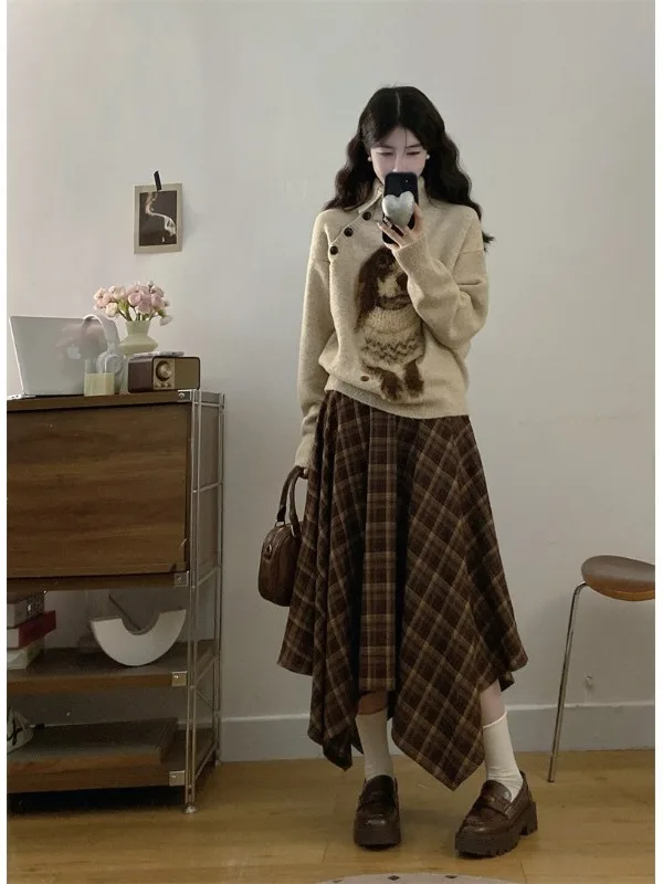 

plus Size Fashionable Knitted Set Autumn Winter New Design Asymmetrical Long Sleeve Sweater Plaid Dress High Waist Skirt