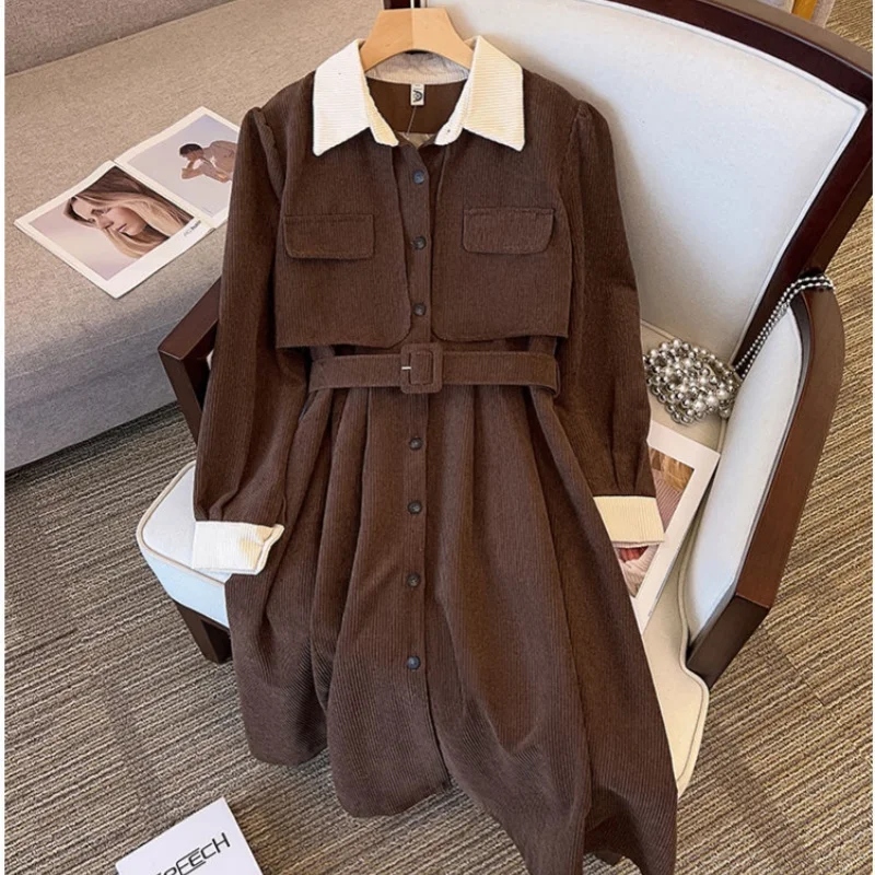 Large Size Corduroy Fake Two-piece Contrasting Color Dress, 2024 Autumn New Hepburn Style Waistband Slimming Skirt