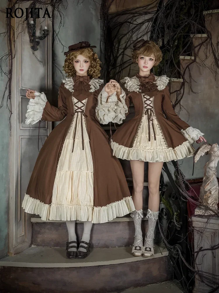 

Vintage Elegant Coffee Color Waist Patchwork Tie Goth Lolita Dress Lace Stand Collar Bell Sleeve OP Twinset Autumn Lolita Dress