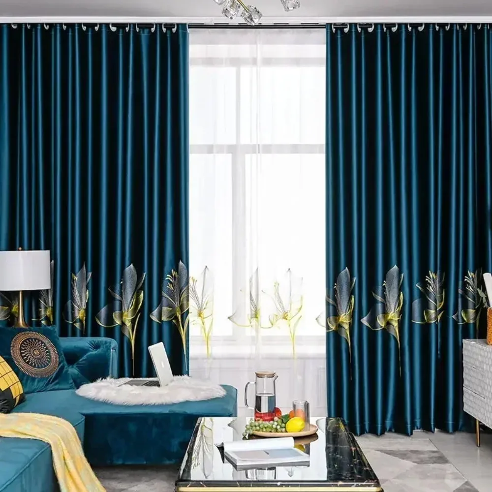 European Style Curtains for Living Room Dining Bedroom Satin Lily Embroidered Nordic Minimalist 95% High Shading Luxury Palace