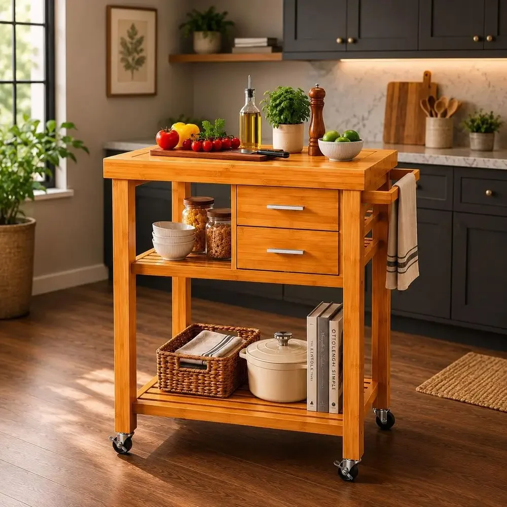 Rolling Kitchen Island Cart with Ders Shelves, Towel Rack, Locking Casters, Butcher Block ood Prepping Cart Trolley on Wheels, B
