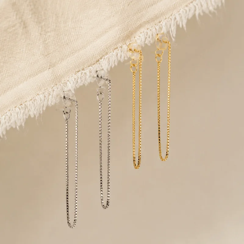 925 Sterling Silver Long Chain Threader Earrings for Women, Minimalist Thin Box Chain Pull Through Earring, Simple Fine Jewelry
