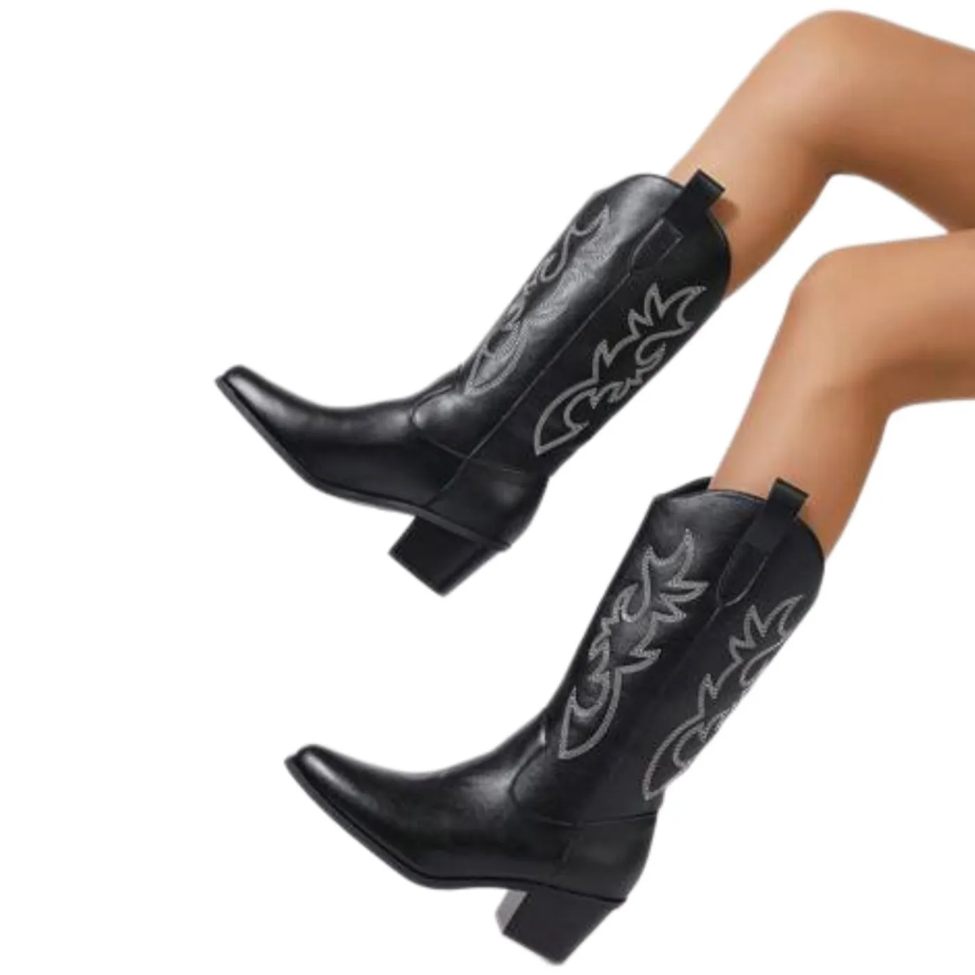 Women Plus Size Western Cowboy Knight Knee High Boots Pointed Toe Chunky High Heel Embroidery Pull On Tall Boots Black White