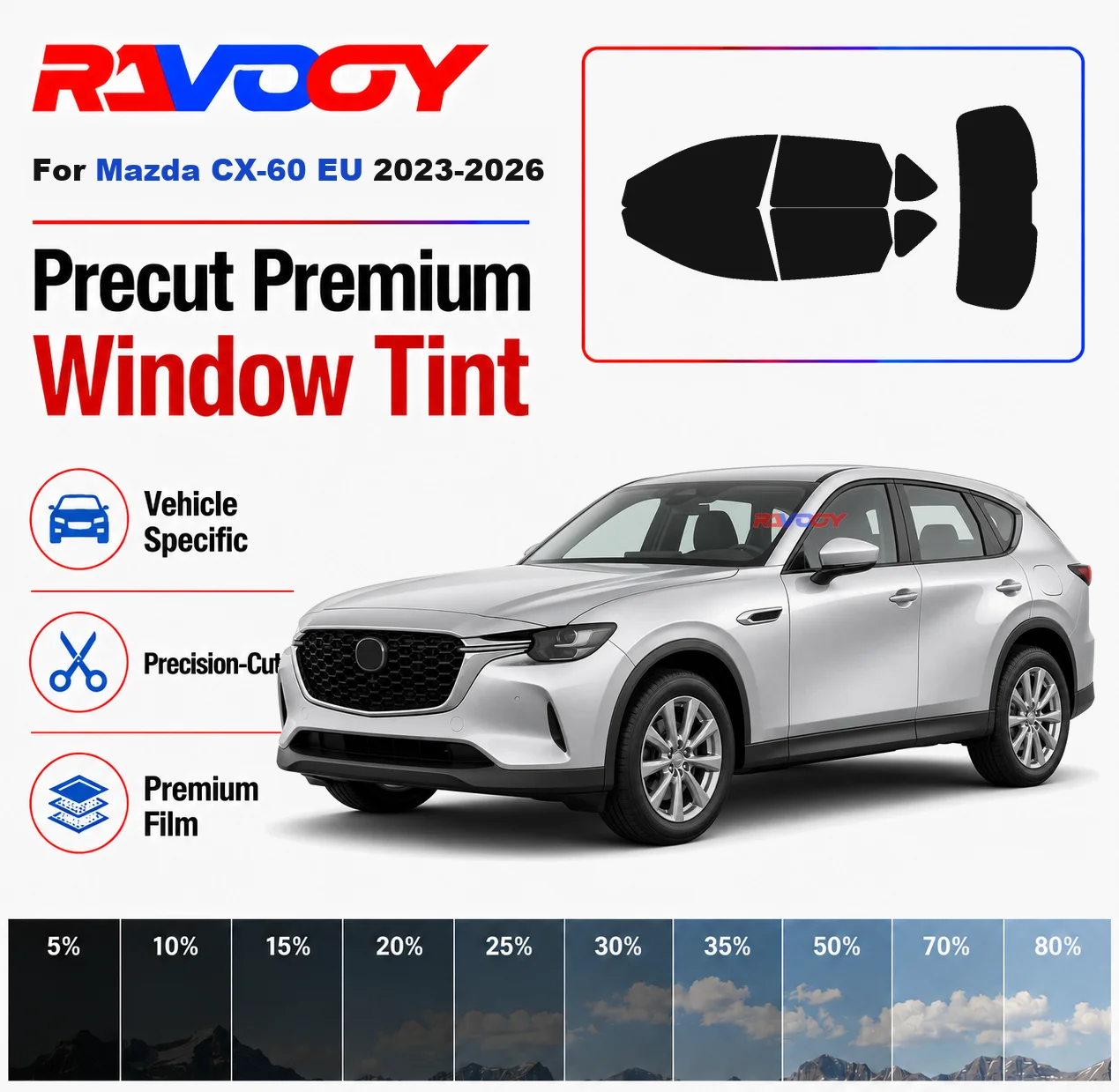 

Premium Precut Window Tint Kit Front Rear Windows Rear Windshield For Mazda CX-60 EU 2023-2026 Complete Set Nano Ceramic Film