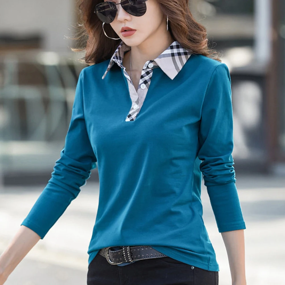 Clothing T-shirt, women's lapel top, contrasting collar, long sleeved shirt, knitted cotton, all season wear, blue, pink, black
