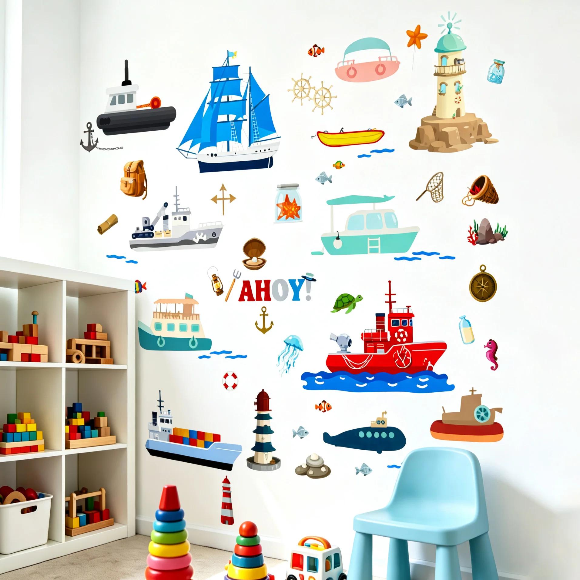 Nautical Ship Wall Stickers Ahoy Sailboat Lighthouse Submarine Sea Creatures Anchor Wall Decals Removable Boys Nursery Decor