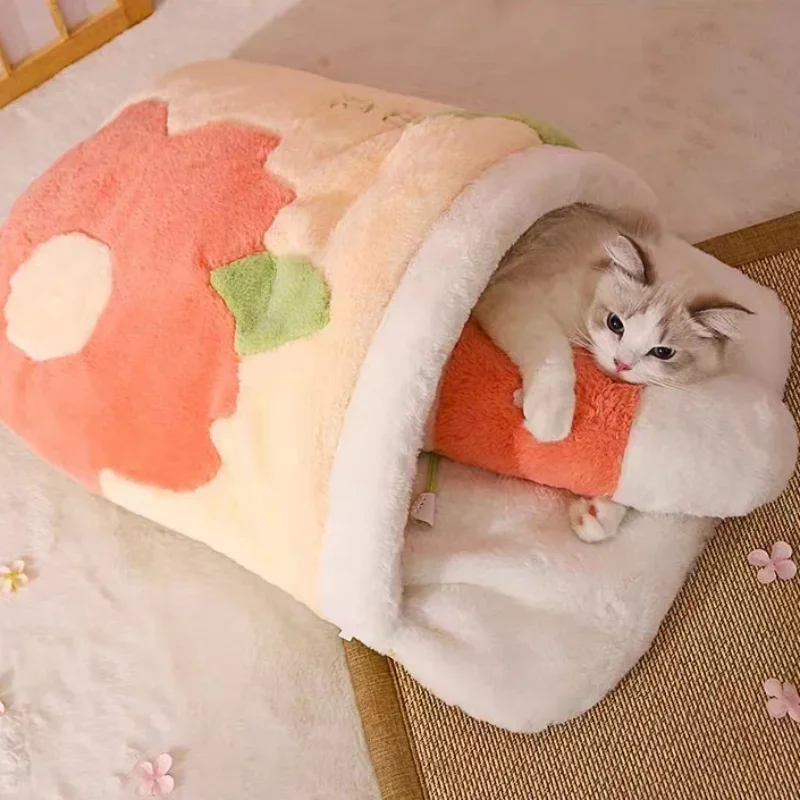 Cat Bed Japanese Sakura Warm Cat Sleeping Bag Deep Sleep Winter Dog House Cats Nest Cushion With Pillow Removable Pet Products