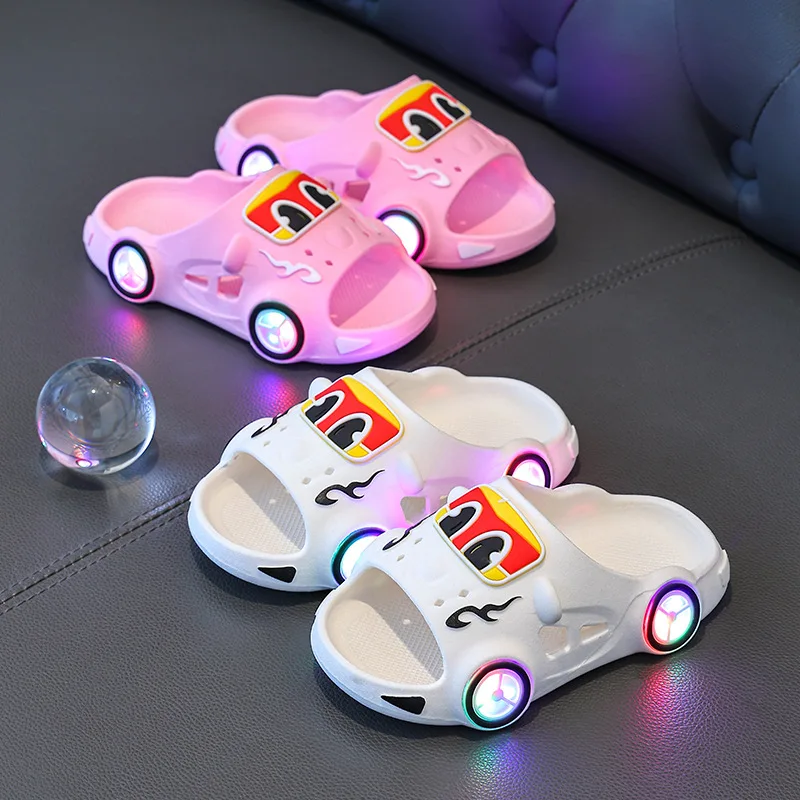 Children Summer Sandals Cartoon LED Light Up Car Slippers Boys Girls Non Slip Soft Sole Shoes Outdoor Safe Slippers Kids Sandals