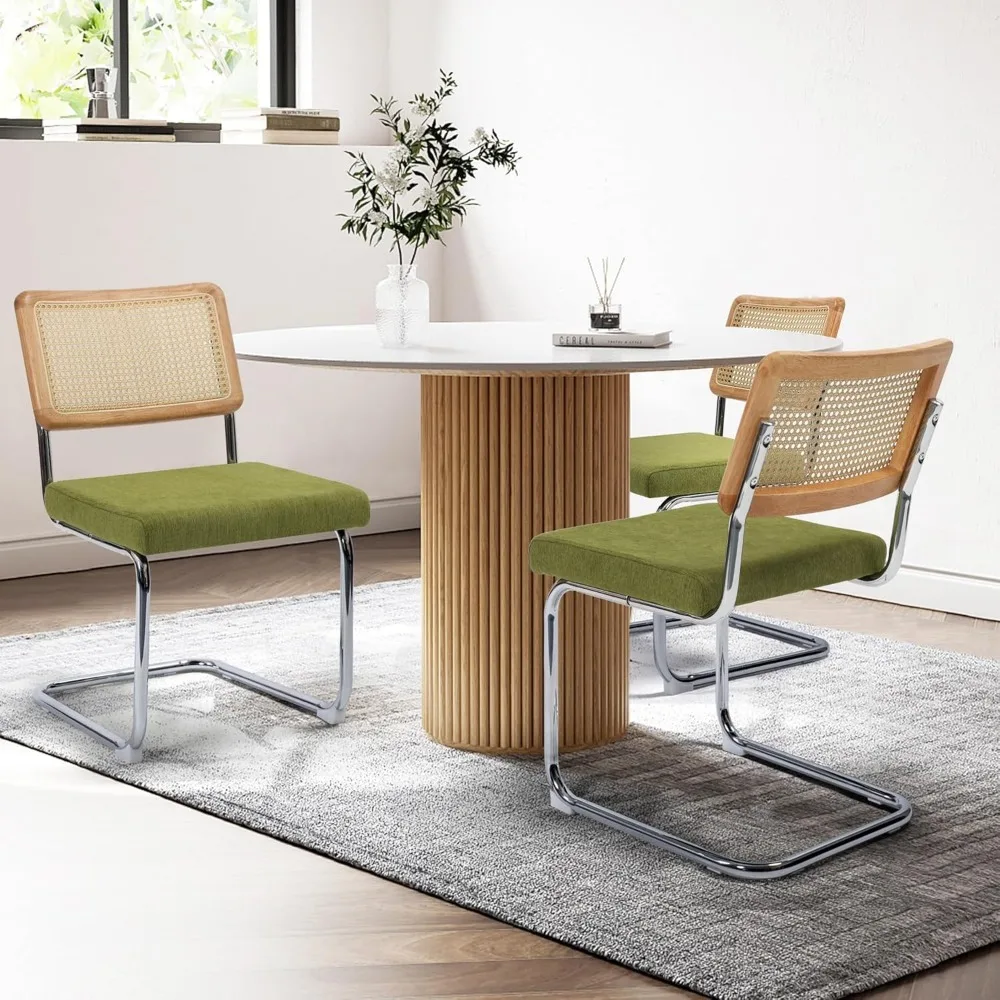 كراسي تناول الطعام الحديثة من سيسكا كين، مجموعة من 4 قطع، ظهر قصب الروطان المنسوج يدويًا، قاعدة من الكروم، مقعد من القطن المنجد، مثالي للمطبخ