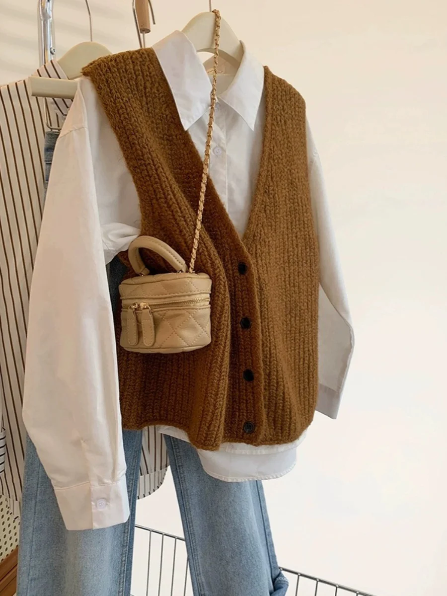 Sweter bez rękawów z dzianiny w kształcie litery V, damski, jesienno-zimowy, uniwersalny, swobodny kardigan, modna odzież wierzchnia do noszenia warstwowo.