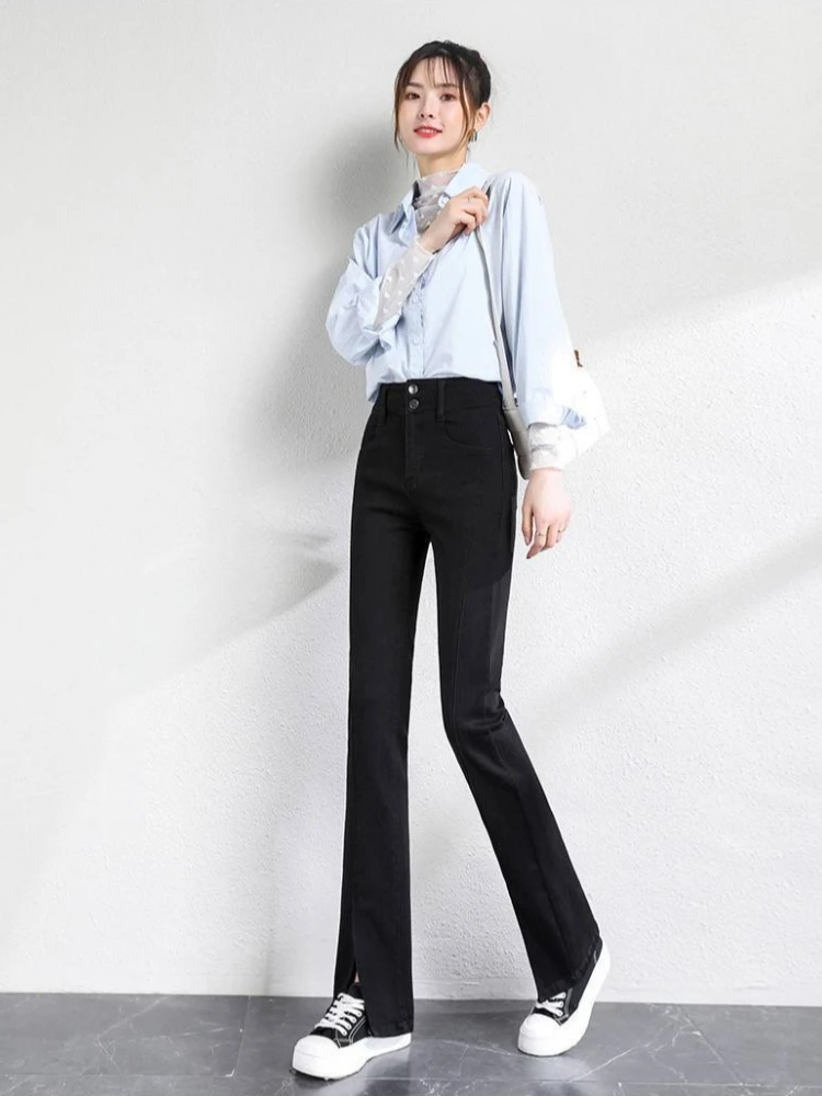 Korean Style Women's Jeans 2026 New Collection High Waisted Flared Split for Spring Autumn Slimming Petite Casual Wear
