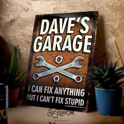 Personalised Garage Metal Sign Can;t fix stupid Any Name Custom Rusty look print-Aluminum
