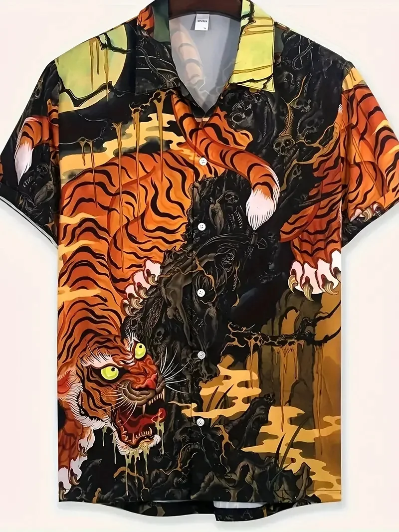 Retro Dragon and Tiger Pattern Men's Short Sleeve Button Summer Leisure Business Trend Street Outdoor Party Vacation Men's High