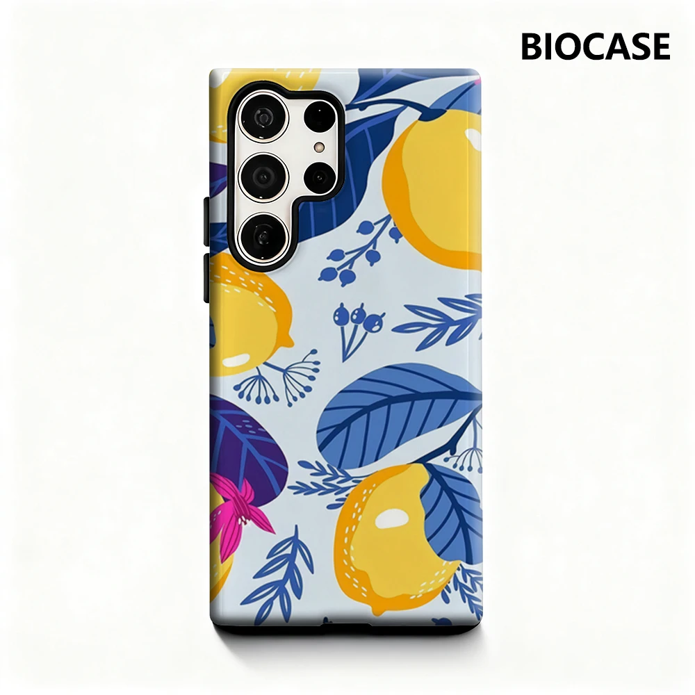 Handyhülle mit Zitronen- und Blumenmuster für Samsung Galaxy S25 Ultra S24 S23 Ultra Plus, glänzende doppellagige Rückseite