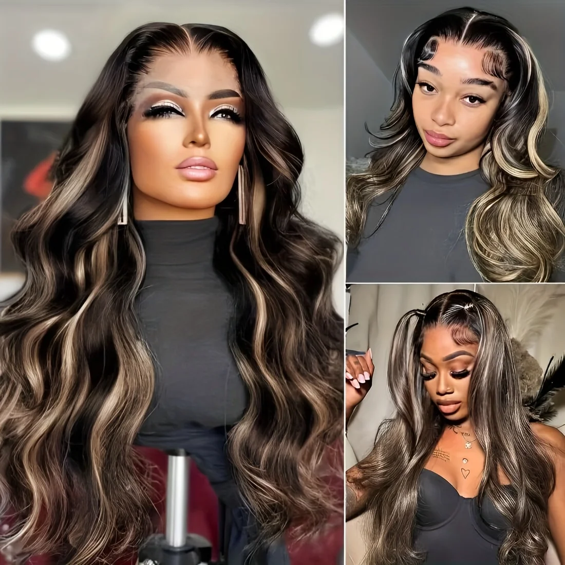 Women'S 13x4 HD Lace Front Wig Human Hair - Ombre Blonde to Black with Pre-Plucked Hair,  Body Wave Natural Looking Wig, 1B/27# Light Brown to Blonde Highlights, Invisible Daily Wear & Holiday Styling