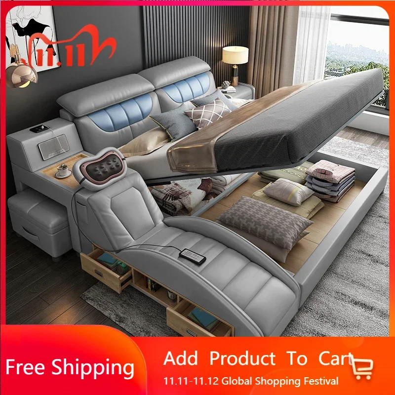 

Винтажный современный дом, двуспальная кровать, роскошный кожаный массажер для хранения, итальянская кровать, многофункциональная уникальная мебель Regale Muebles