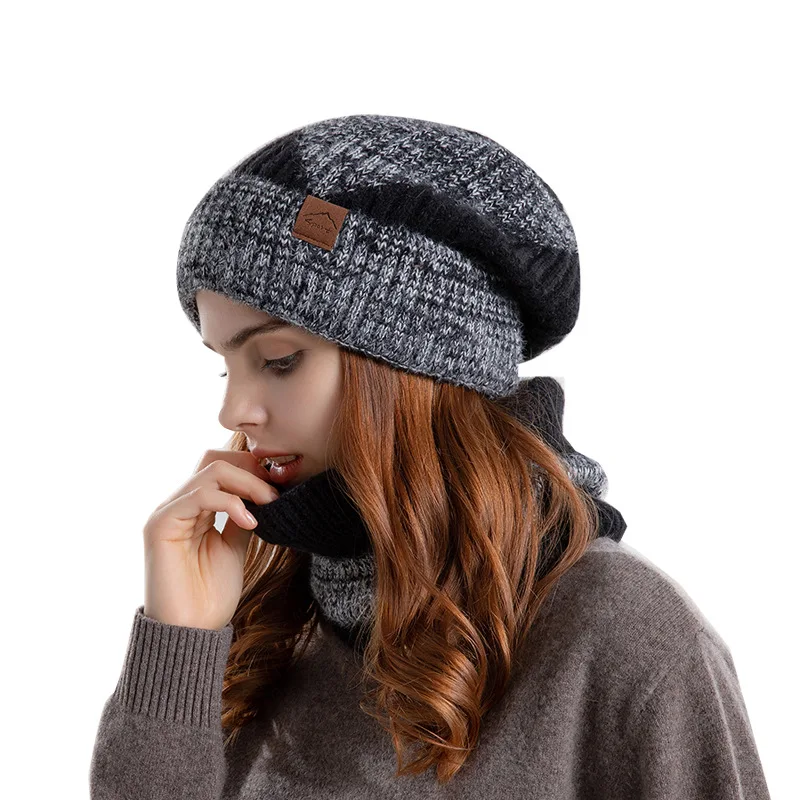 Conjunto de gorros de punto para mujer, dos colores, cálido, informal, a prueba de viento, grueso, bufanda suave, gorro de invierno