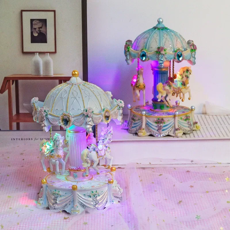 Rotating Three Horses Carousel Music Box With LED Lights Voice Activated Creative Gift For Girls Birthday Present Home Decor