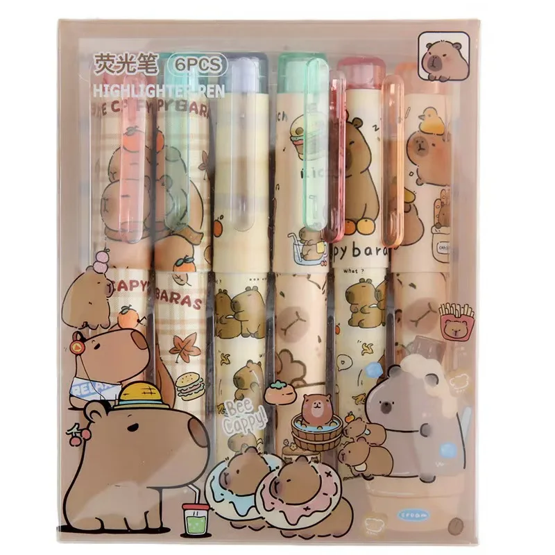 6Pcs/Set Capybara Pastel Color Macaron Highlighter Pen Cartoon Marker Pen Fluorescent Pen Drawing Highlighters Cute Stationery