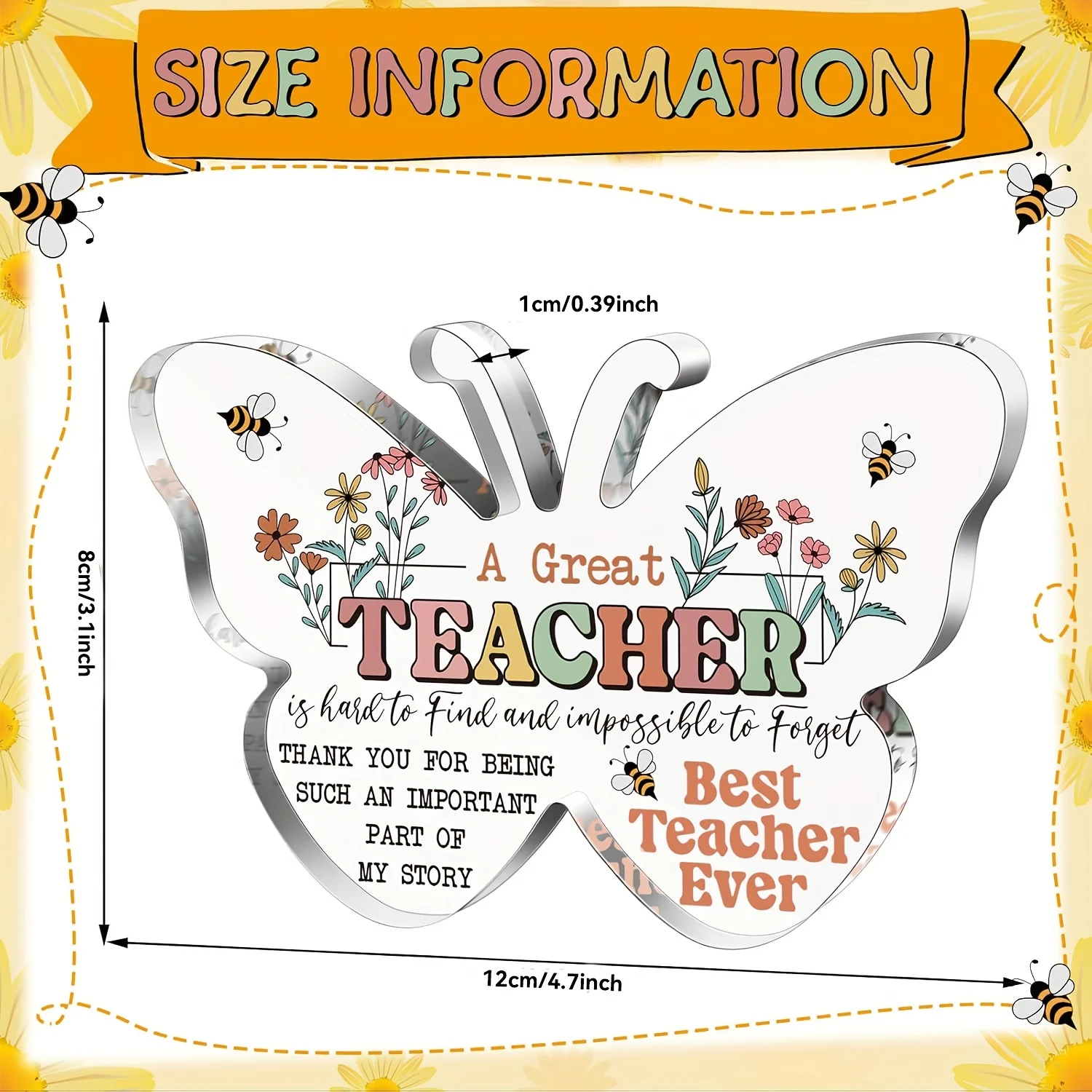 Butterfly‑Shaped Acrylic Plaque, Appreciation Keepsake for Great Teacher, Christmas & Thanksgiving Holiday Gift, Bee Floral
