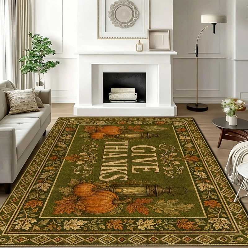 Green Vintage Give Thanks Pumpkin Maple Leaf Thanksgiving Area Rug,Fall Harvest Farmhouse Non-slip Floor Carpet Decor