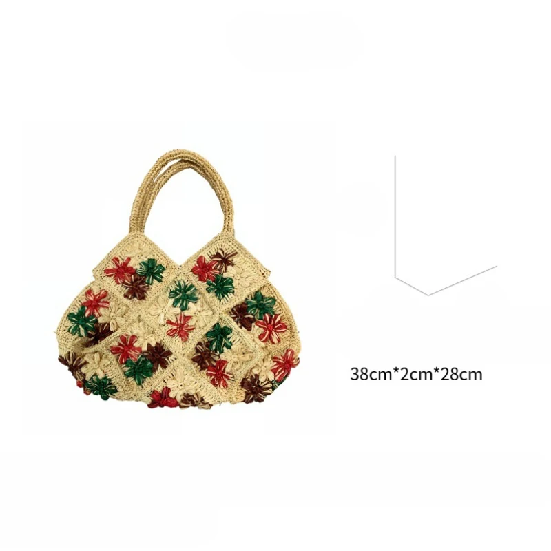 Hochwertige Handgefertigte Raffia-Schultertasche Exquisite Gewebte Stroh-Tragetasche Offene Bunte Blumen-Diamantmuster Einkaufstasche – Detail 12