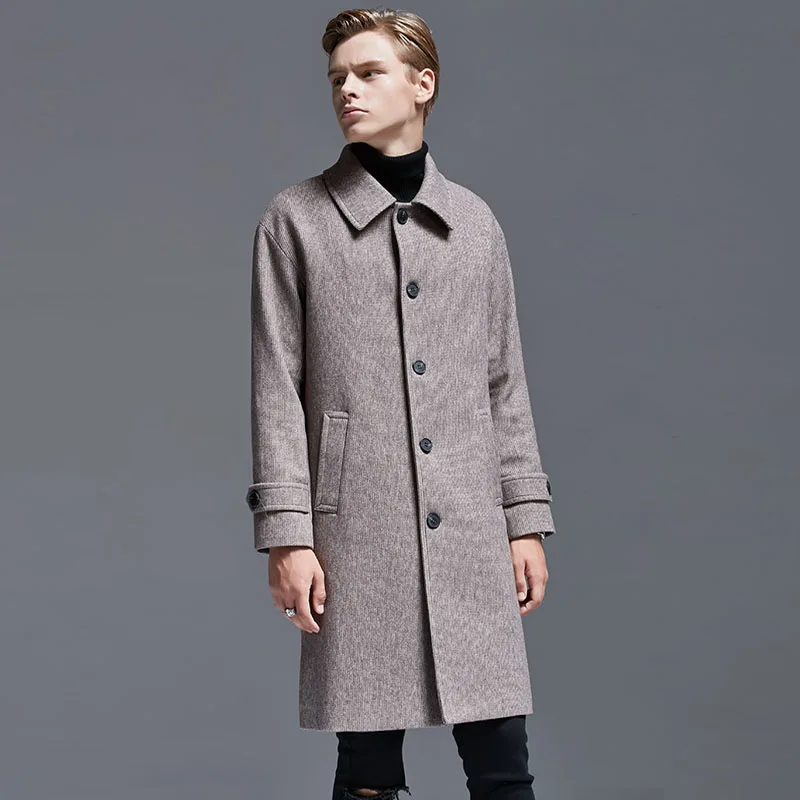 

New Men's Minimalist Single Breasted Woolen Trench Coat Jacket Men Urban Fashion Loose-Fit Middle Long Coats and Jackets