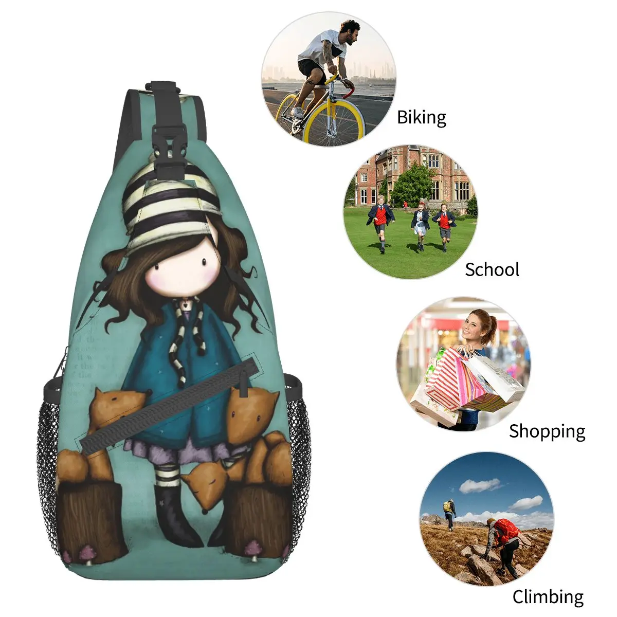 Santoro Gorjuss Doll Crossbody Sling Bags Cool Chest Bag Art Cartoon Shoulder Backpack Daypack for Hiking Travel Biking Pack