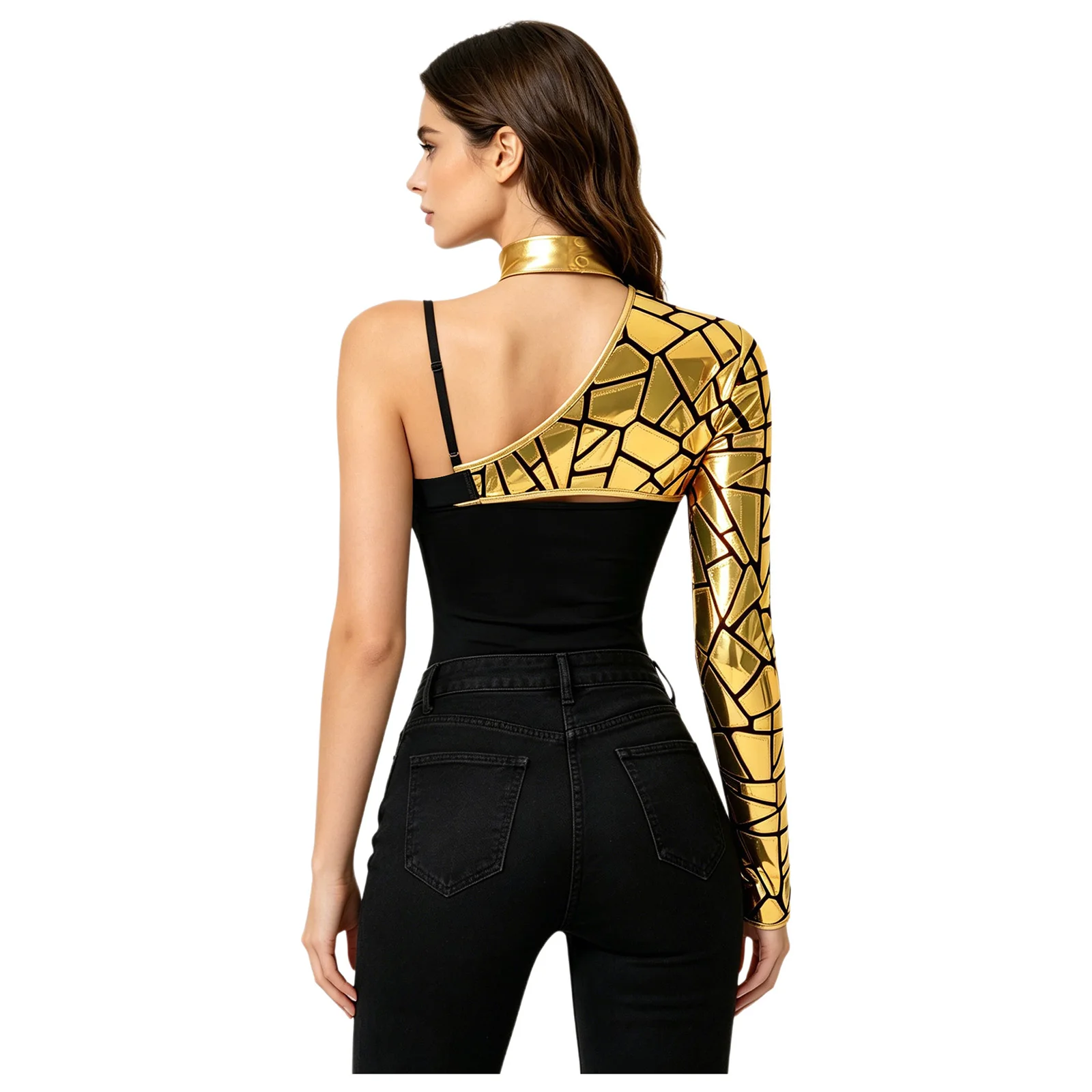 Sequins Lasers Mirror Single Shoulder Vest Crop Top Jazz Dancer Singer Stage Performance Halloween Cosplay Aliens Space Costume