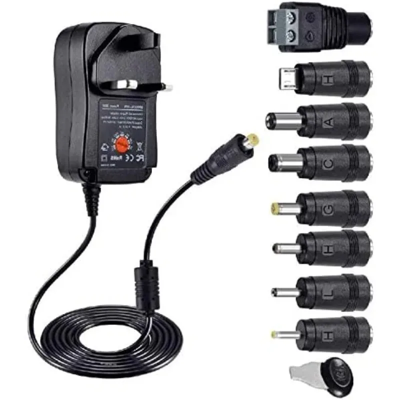 Universal Power Supply with 8 Tips Adapter 3V-12V Black  Adapter for 30W Tablets Cameras USB Charging Other Appliances