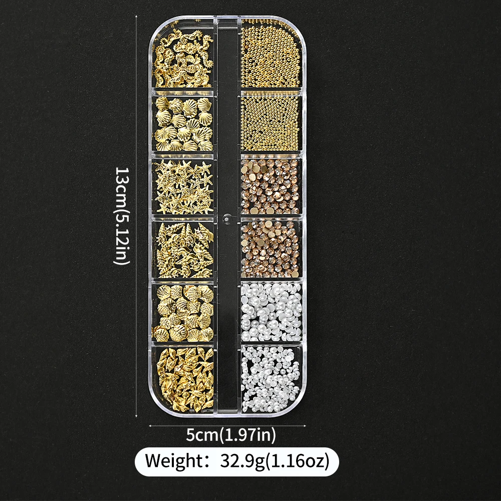 12Grids Ocean Gold Nail Art Charms Shell/Seahorse/Starfish White Half Round Pearl Gems 3D Mixed Punk Manicure Metal Rivets Studs - Image 5
