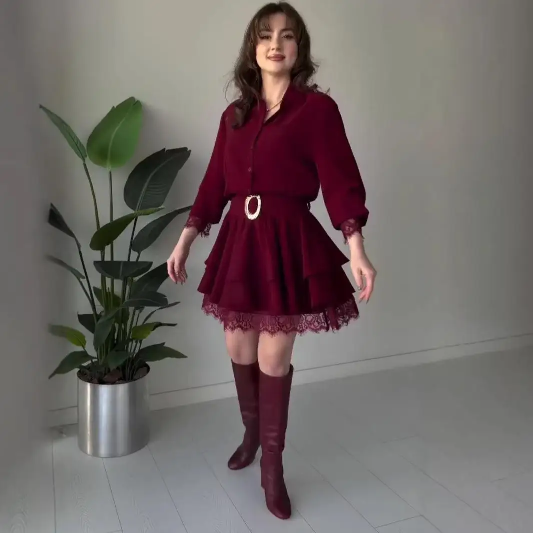 Casual Long Sleeve Shirt with Button Lace  Belted Skirt Set Women's Cross-Border Fashion Pure Color PVC Material Low Waist