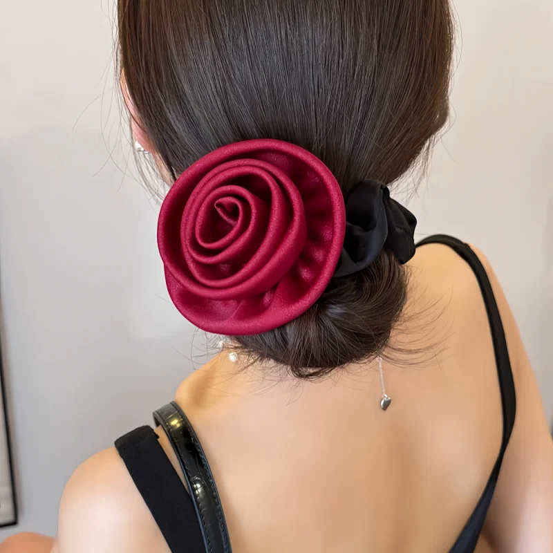 2024 Autumn Classic Bordeaux Satin Hair Ties with Vintage Rose Design FrenchStyle Rose Shape Scrunchies Elegant Hair Accessories