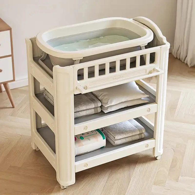 2 in 1 Removable Baby Diaper Changing Table & Bath Table Storage Function Infant Care Cribs With Wheels