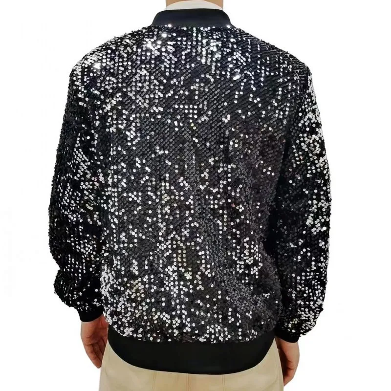 Men's Black Baseball-collar Long-sleeve Jacket for Fall, Featuring Circular Sequin Embellishments and A Zippered Front Placket.