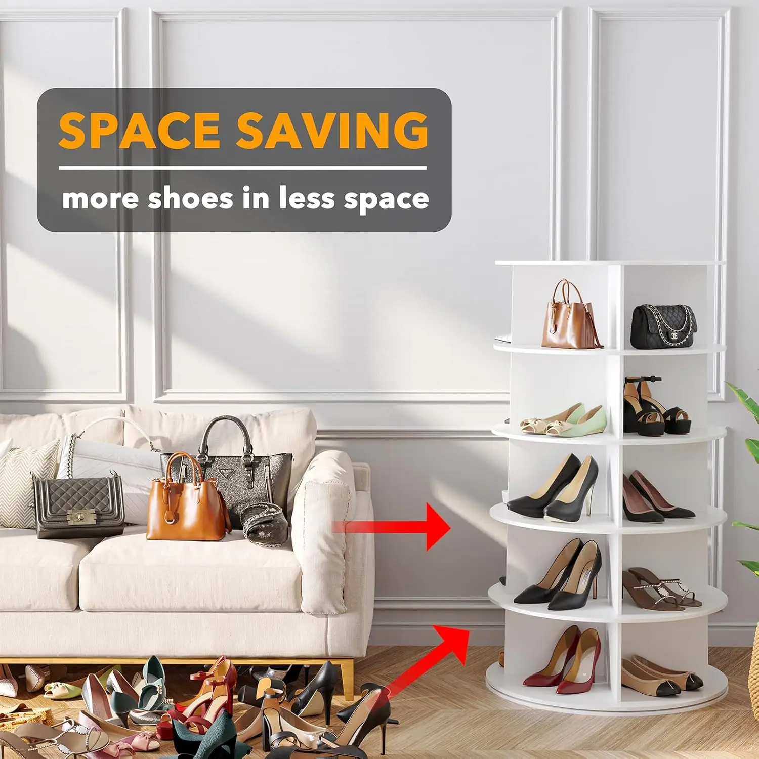4-Tier Rotating Bookshelf and 5-Tier Spinning Shoe Rack Tower for Space-Saving Home Organization