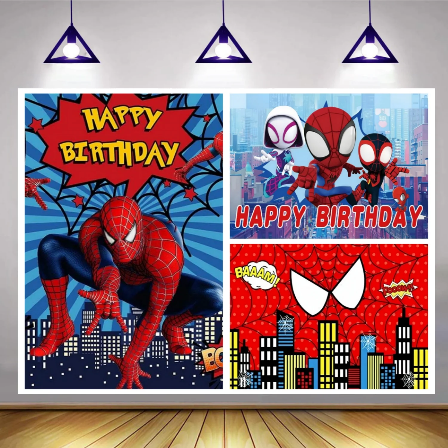 Happy Birthday Red Spider Photography Backdrop Cartoon Comics Style Building Scenes Photo Super Heros Cityscape Photo Background