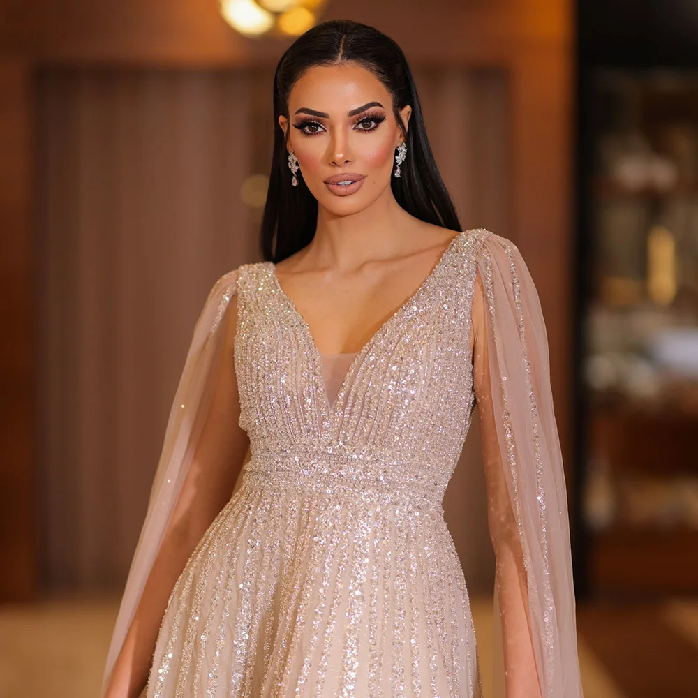Sharon Said Luxuriöse Champagner-Abendkleider mit Cape-Ärmeln, Arabisches Grün-Nude Ballkleid für Damen, Hochzeitsfeier SS322 Maßanfertigung – Detail 6