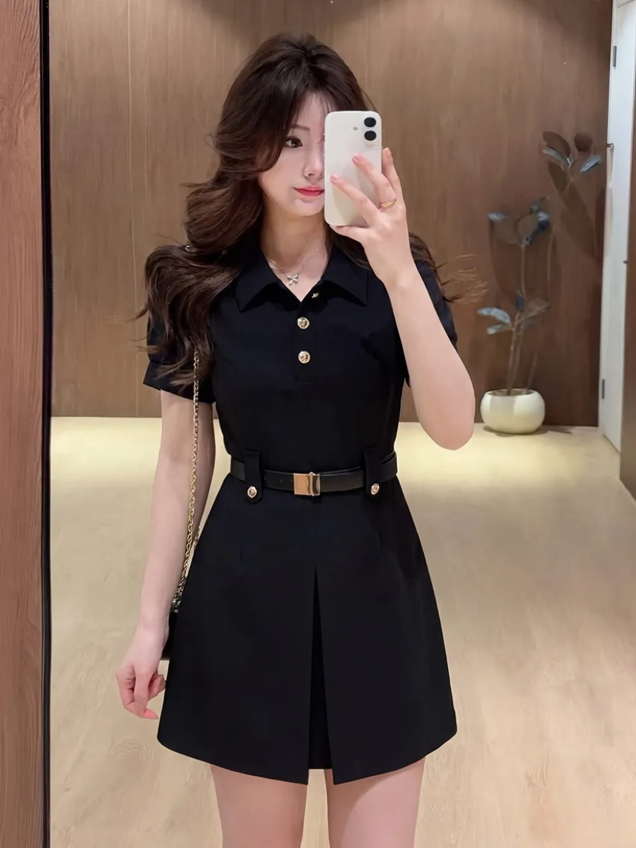 plus Size Summer New Hepburn Style Black A-Line High Waist Dress Korean Version Short Sleeve Slim Fit Commute Friendly Dress