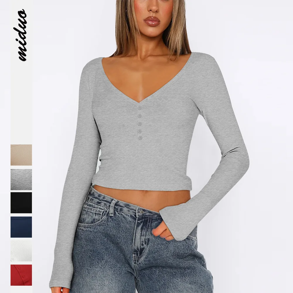 Faionable com nervuras longo sve colheita topo v-ne camiseta interior wear ort sle umbigo exposição outono inverno feminino topo