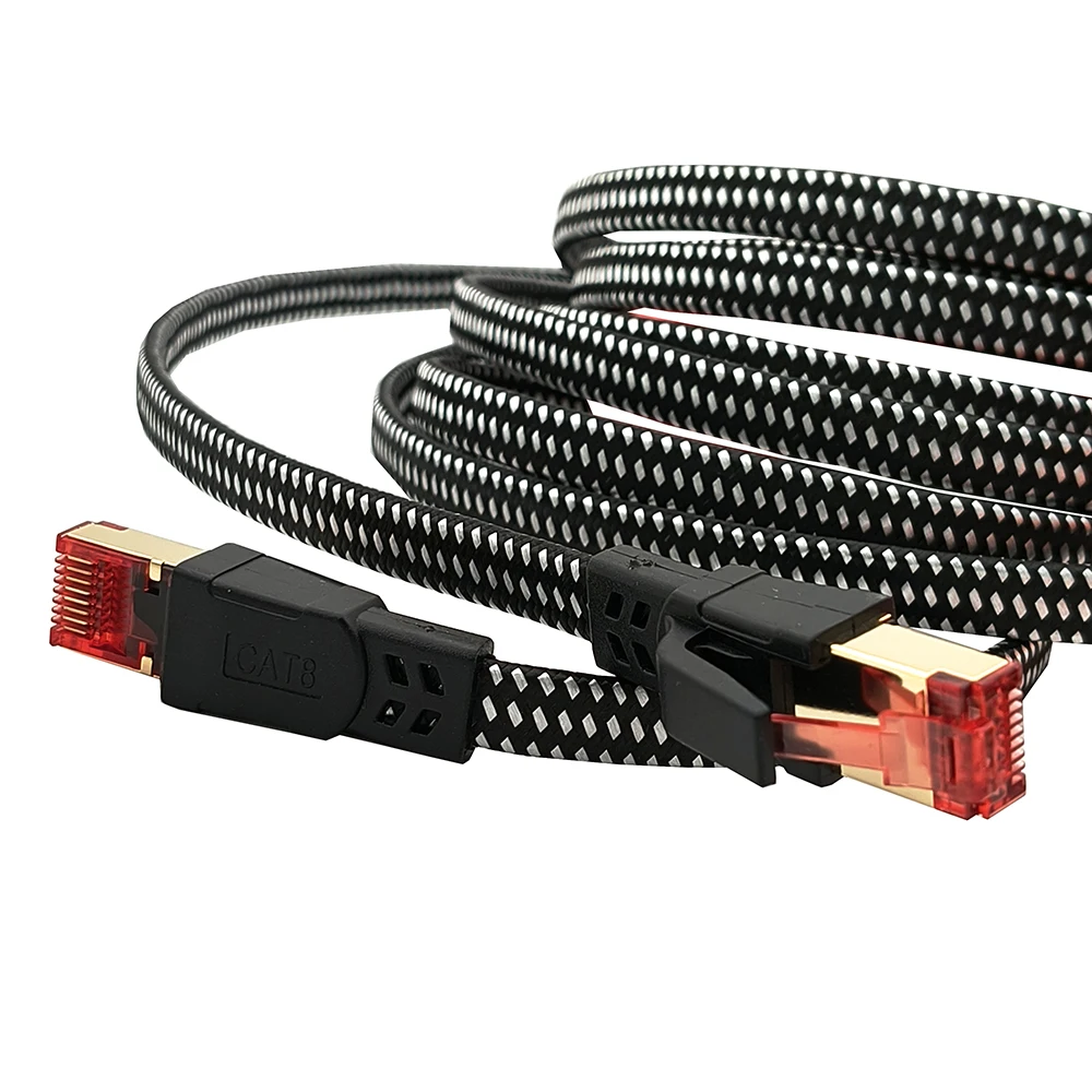 Kabel RJ45 CAT8 1M/2M/3M, patch cord SFTP, kabel jaringan flat wire braided 40G