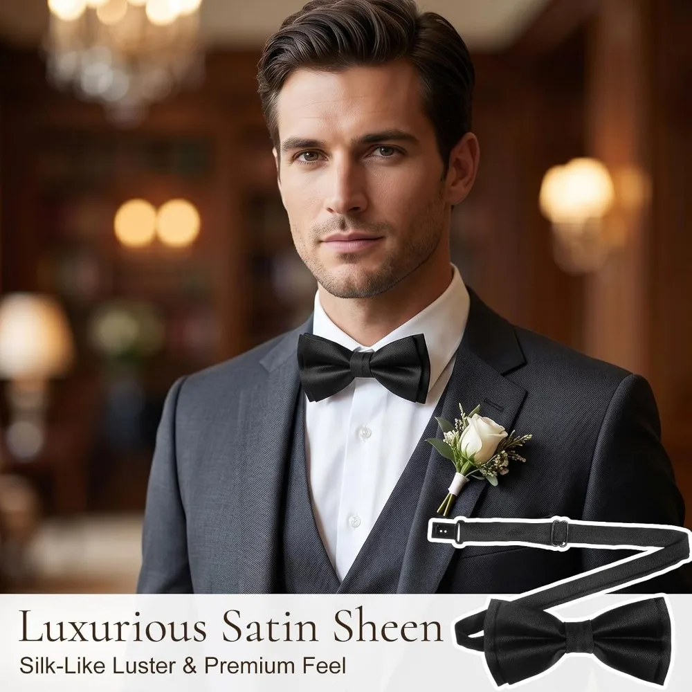 Men's Bow Ties, 2-Pack Solid Color Pre-Tied Adjustable Bow Tie for Weddings, Formal Events, Business, Daily Wear view 4