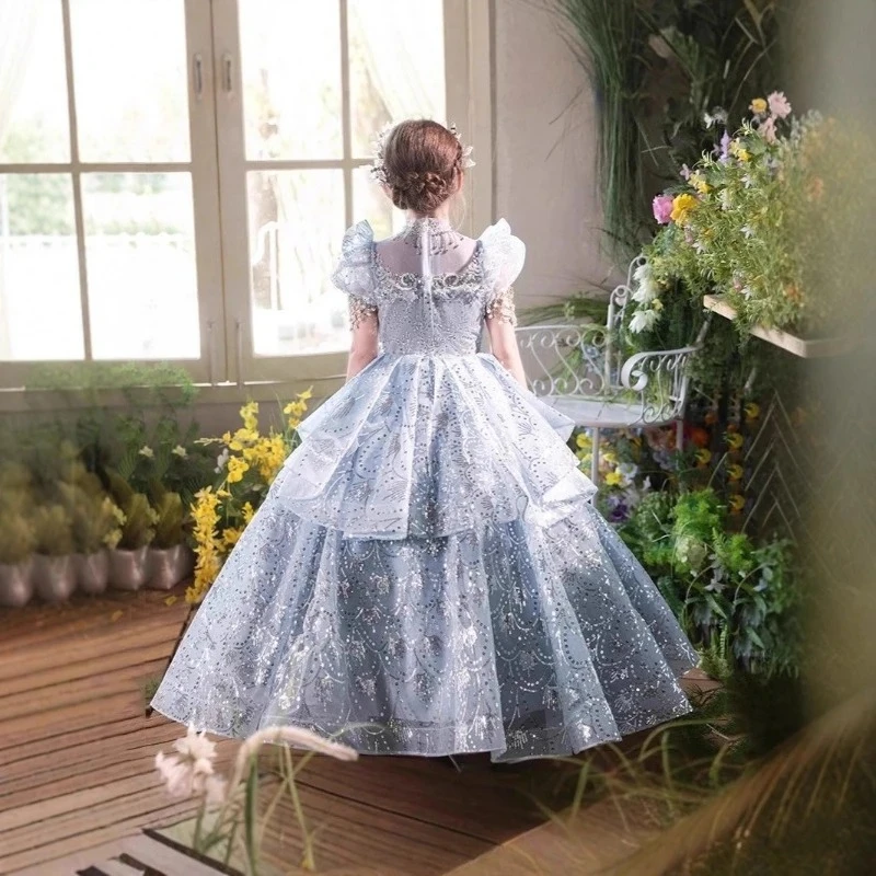 Abito lungo di lusso per bambini, ragazze, principessa, compleanno, costume, fiore, ospite, pianoforte, performance, vestito, ragazza, abiti da sposa, bambini