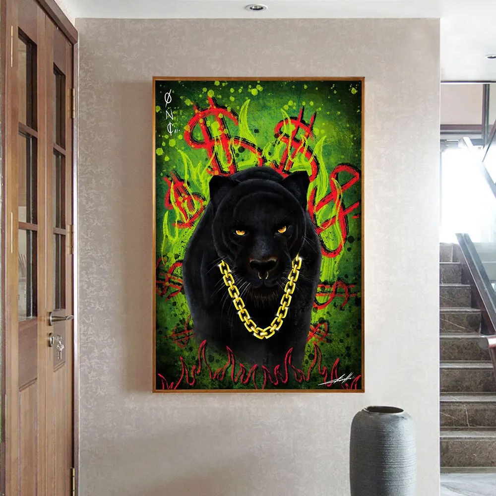 

Graffitti Street Art Leopard Animal Millinaire Panther Fashion Posters Wall Art Big Gold Necklace Picture For Home Home Decor