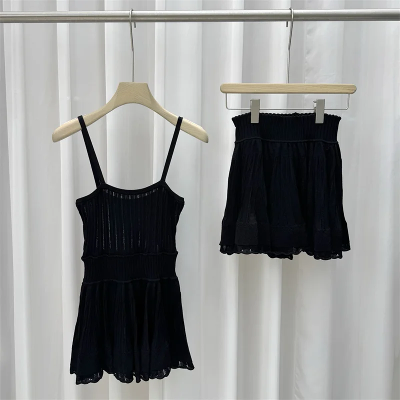 

women's 2-piece sets New elastic knitted slim mini dress for summer 2026 suspender sleeveless short dress y2k short skirt set