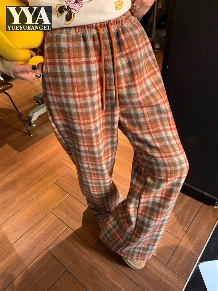 Women Autumn Winter Fleece Liner Causal Pants Drawstring Elastic Waist Straight Trousers Ladies Vintage Loose Fit Plaid Pants