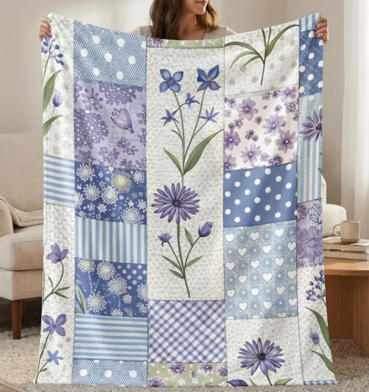 Patchwork Floral Blanket, Blue Purple Wildflower Quilt Print, Cottagecore Farmhouse Decor